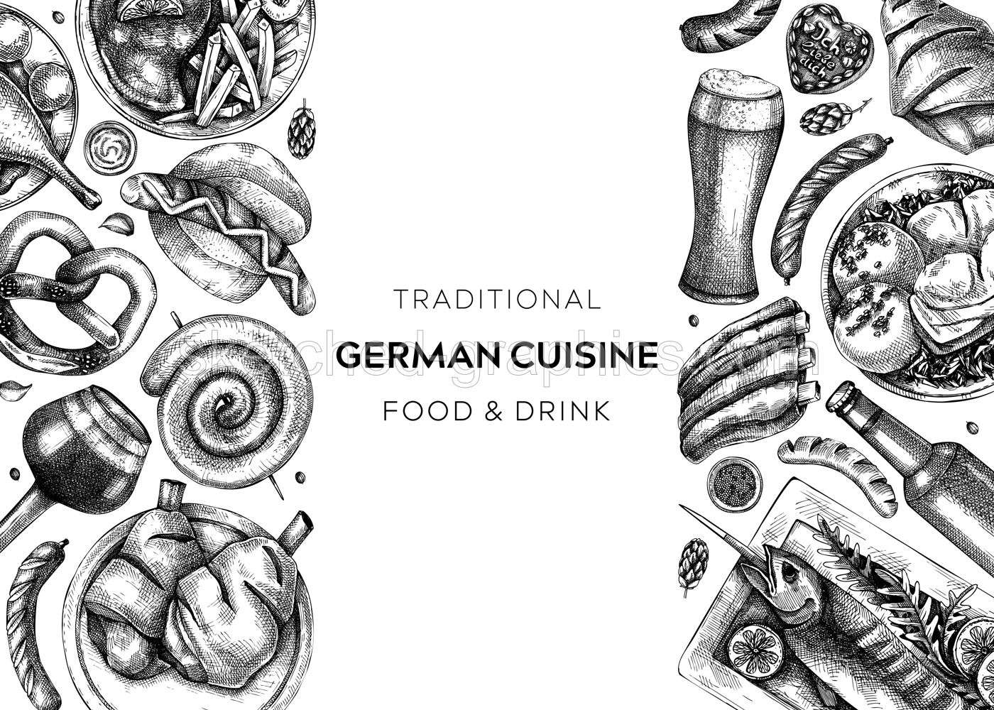 German food background. Oktoberfest menu design. Vector meat dishes sketches. German cuisine banner in vintage style. Traditional Food festival illustration. Black and white restaurant template Illustration